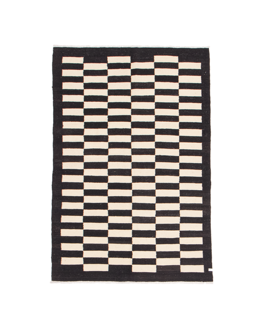 turkish checkered kilim in black & creme | #008 | 4'1" x 5'10"